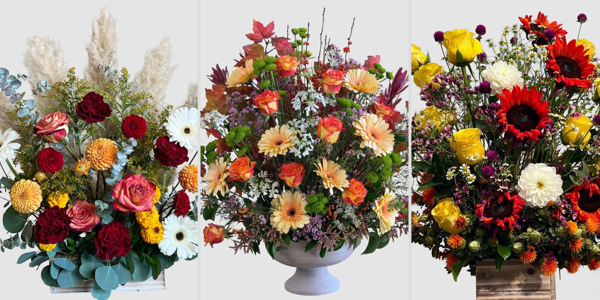 Autumn luxe floral subscription arrangements with warm seasonal hues by Pearson Floral Designs.