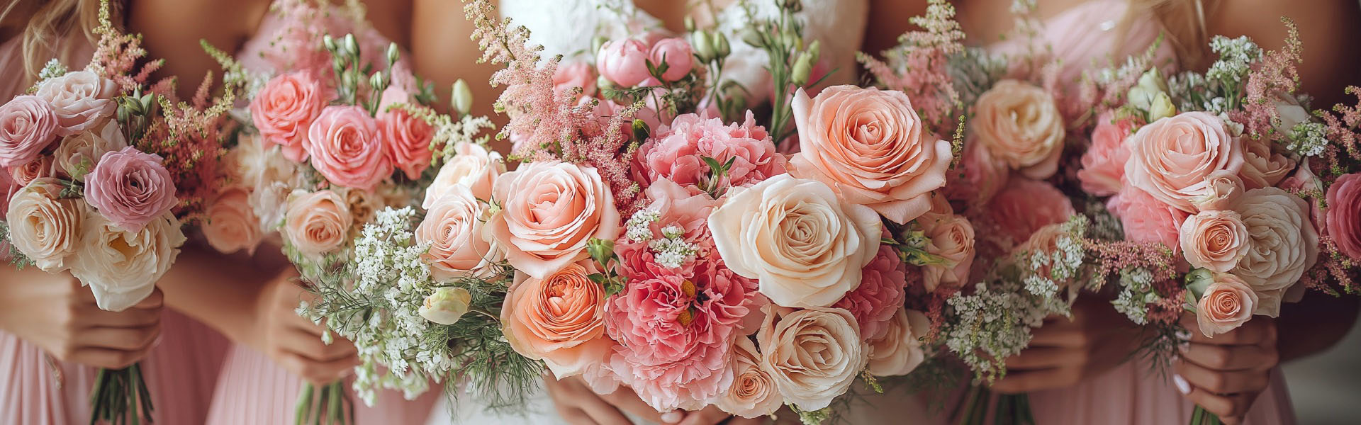 Bridesmaids holding blush and cream rose and peony wedding bouquets with romantic garden florals.