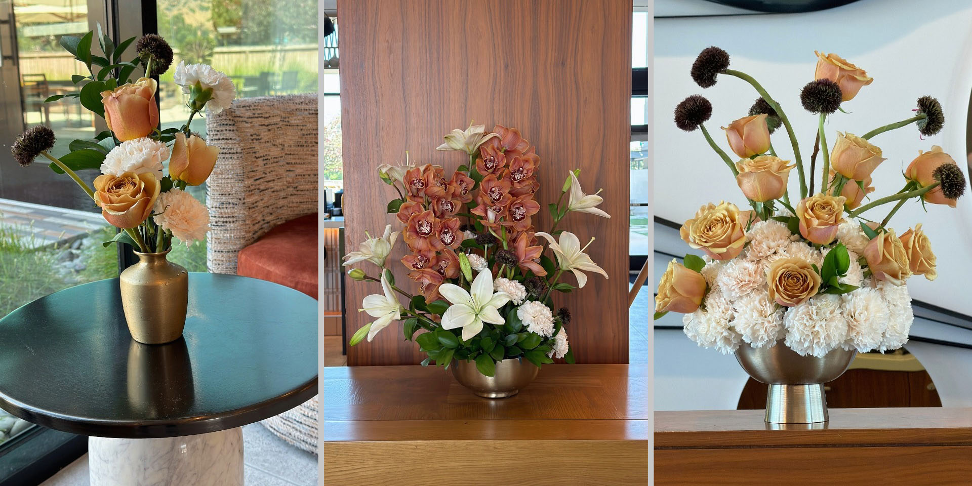 Three coordinating floral arrangements featuring a lounge bud vase, Cymbidium orchid statement piece and reception desk arrangement.