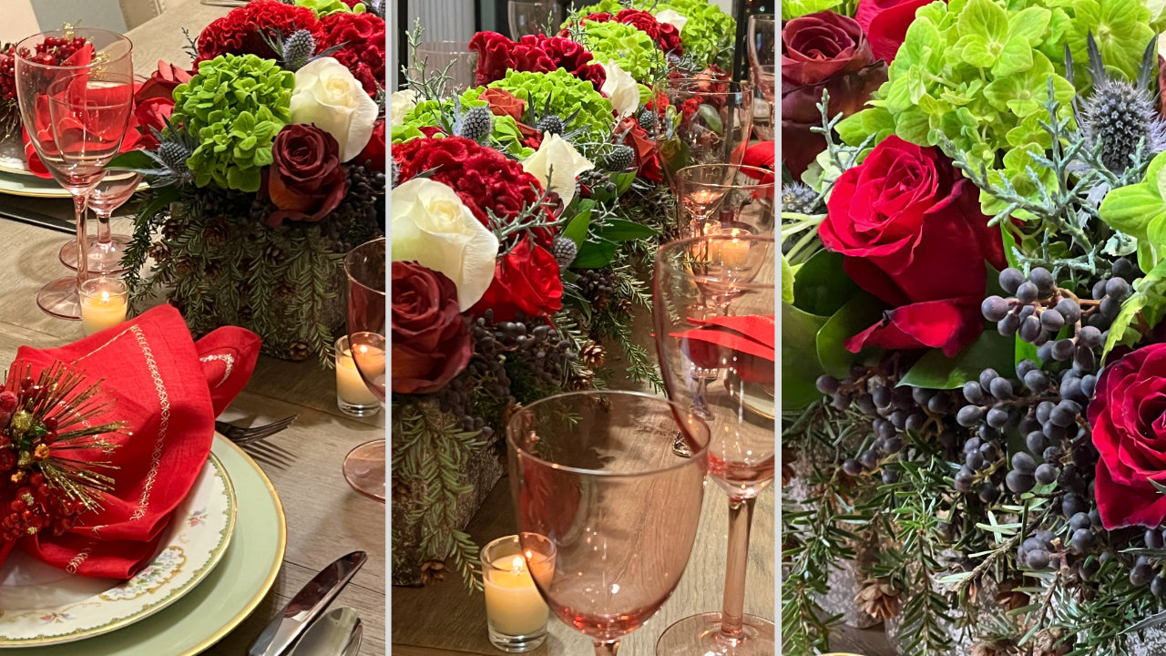 Christmas floral centerpiece featuring roses, celosia twisted strawberry, hydrangeas, blue thistle, and Eastern Hemlock