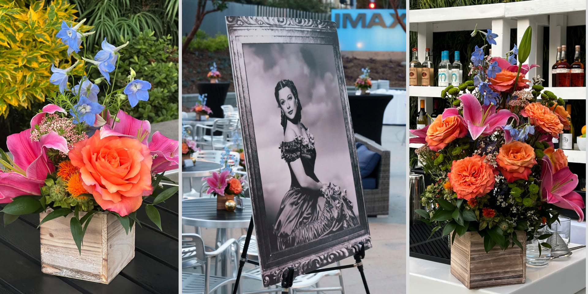 Corporate event floral centerpieces for the DEG Hedy Lamarr Awards hosted at Imax's Playa Vista campus.