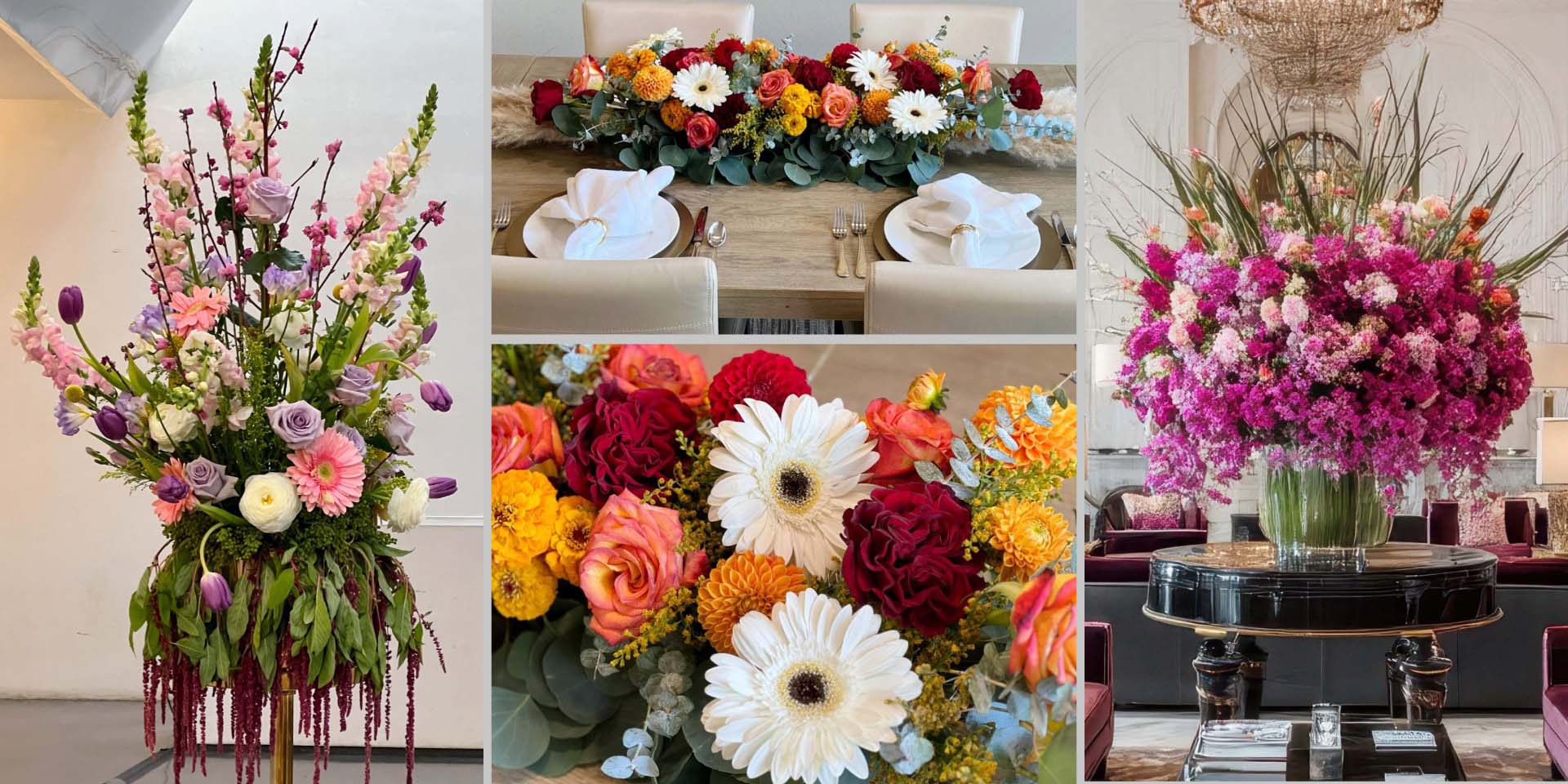 Three custom floral arrangements - pedestal, tablescape centerpiece, and luxury foyer installation.