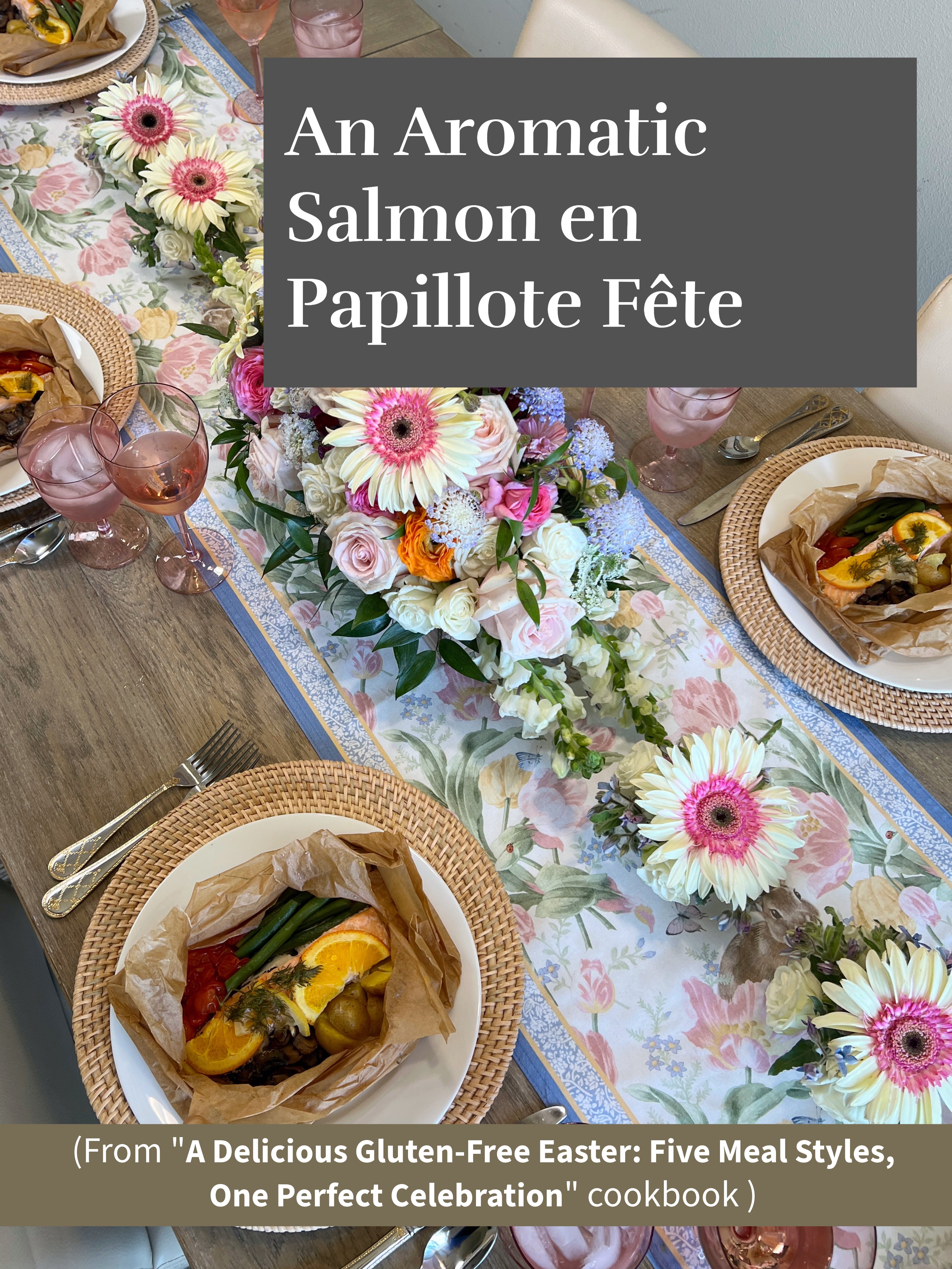 floral centerpiece with Gerber daisies, ranunculus, roses, and blue lace flowers featured in cookbook tablescape project