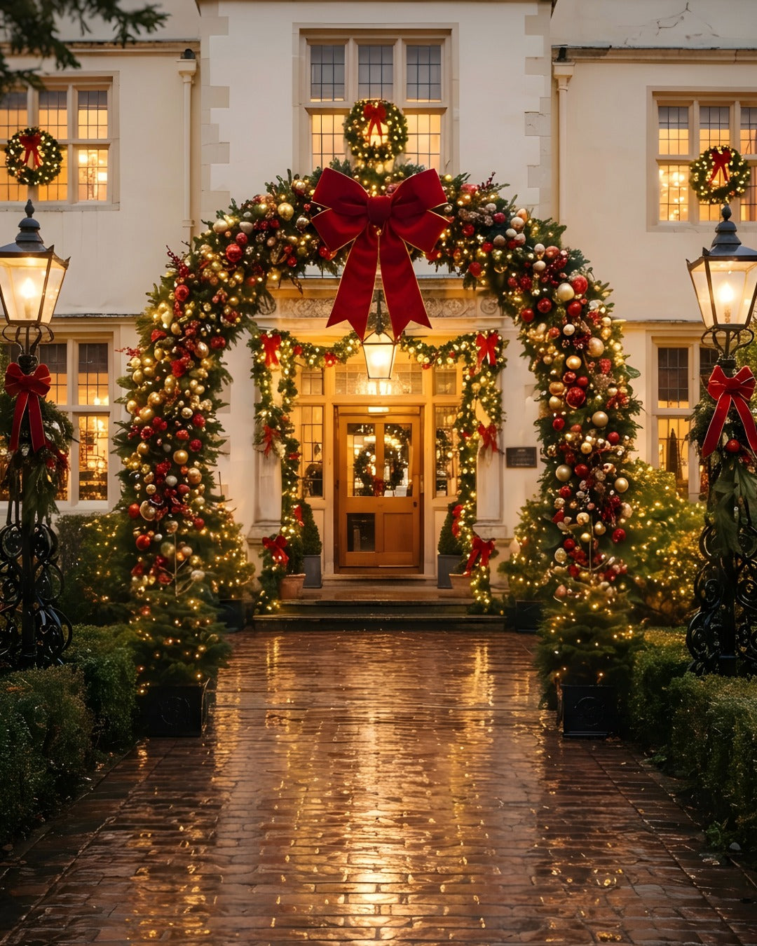 Building entrance with lit garland arch, red bow and wreaths.