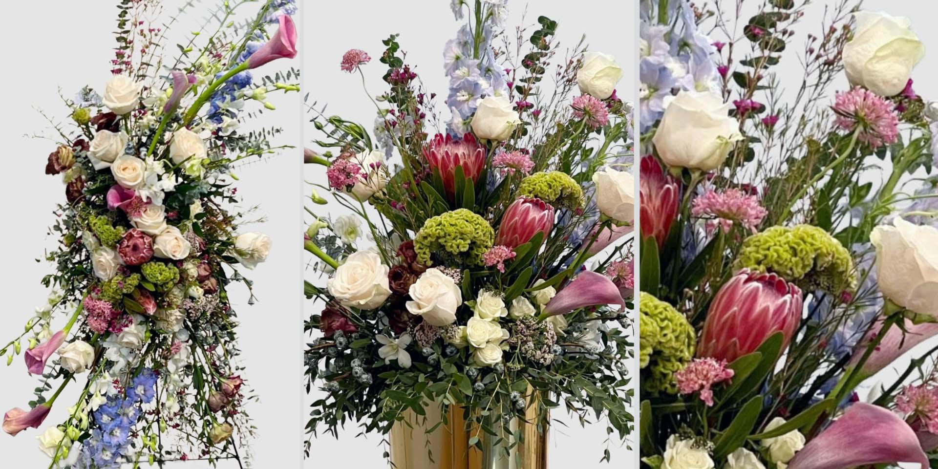 Garden couture standing spray and pedestal arrangement coordinating set with protea, roses, and calla lilies.