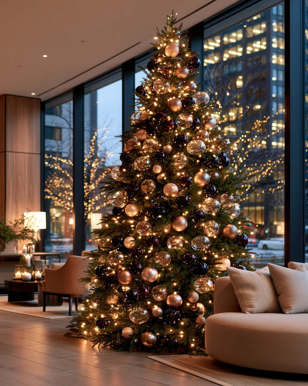 Lit holiday tree with bronze ornaments in a modern hotel lobby.