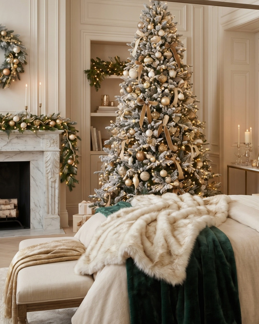 Hotel suite with flocked holiday tree, fireplace garland and wreath.