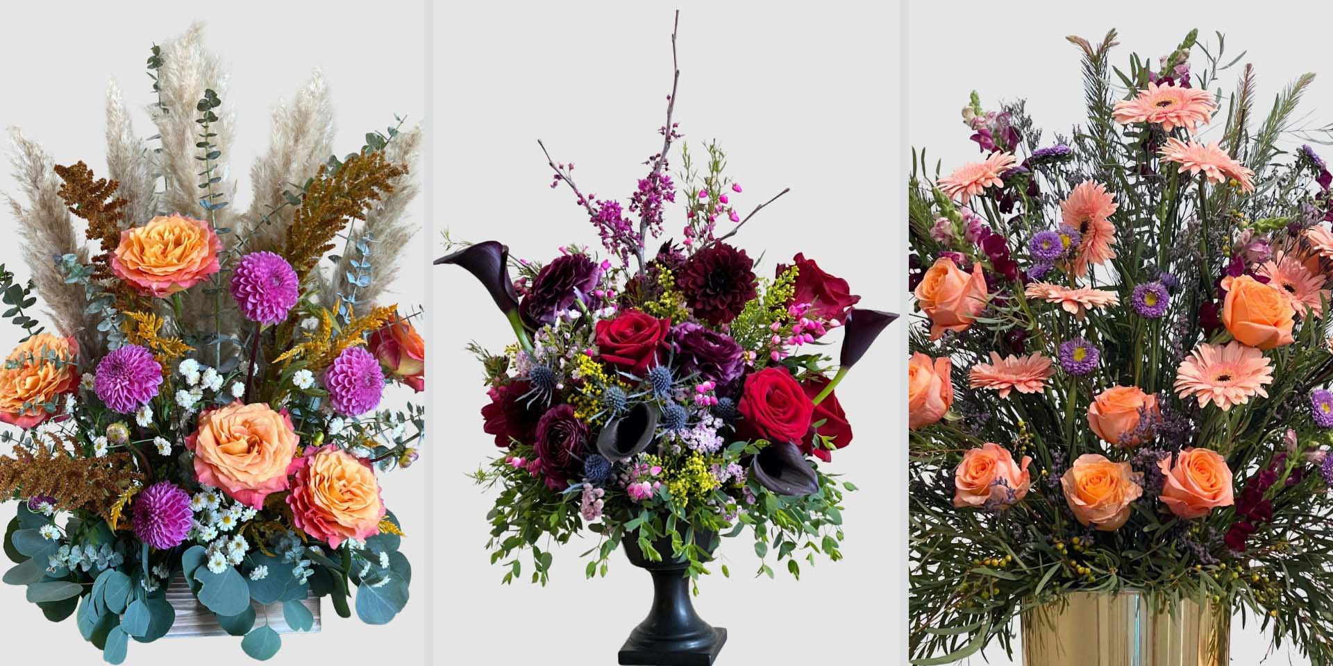 Three jewel-tone floral arrangements with vibrant oranges, plums, peaches, and berries for luxury subscriptions.