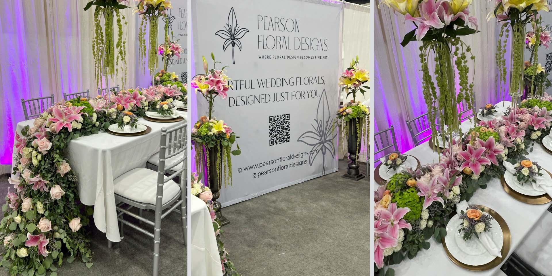 Elegant tablescape with cascading lilies, roses, and tall floral centerpieces designed by Pearson Floral Designs for the Los Angeles Bridal Expo.