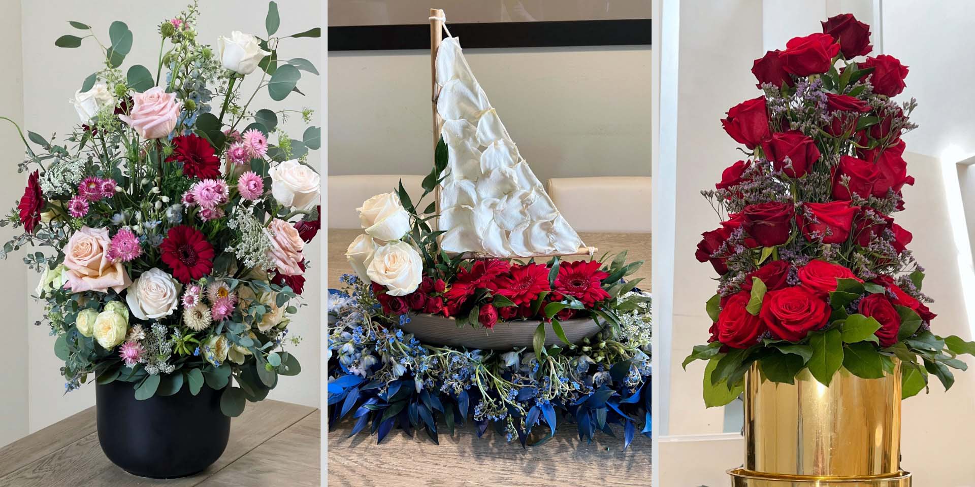 Three elegant and unique celebration of life arrangements by Los Angeles funeral florist - Pearson Floral Designs.