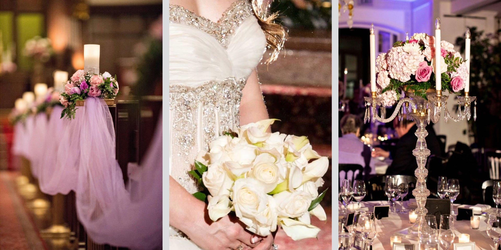 Elegant wedding ceremony aisle, bridal bouquet,  table centerpiece with roses, hydrangeas by Los Angeles wedding florist - Pearson Floral Designs.