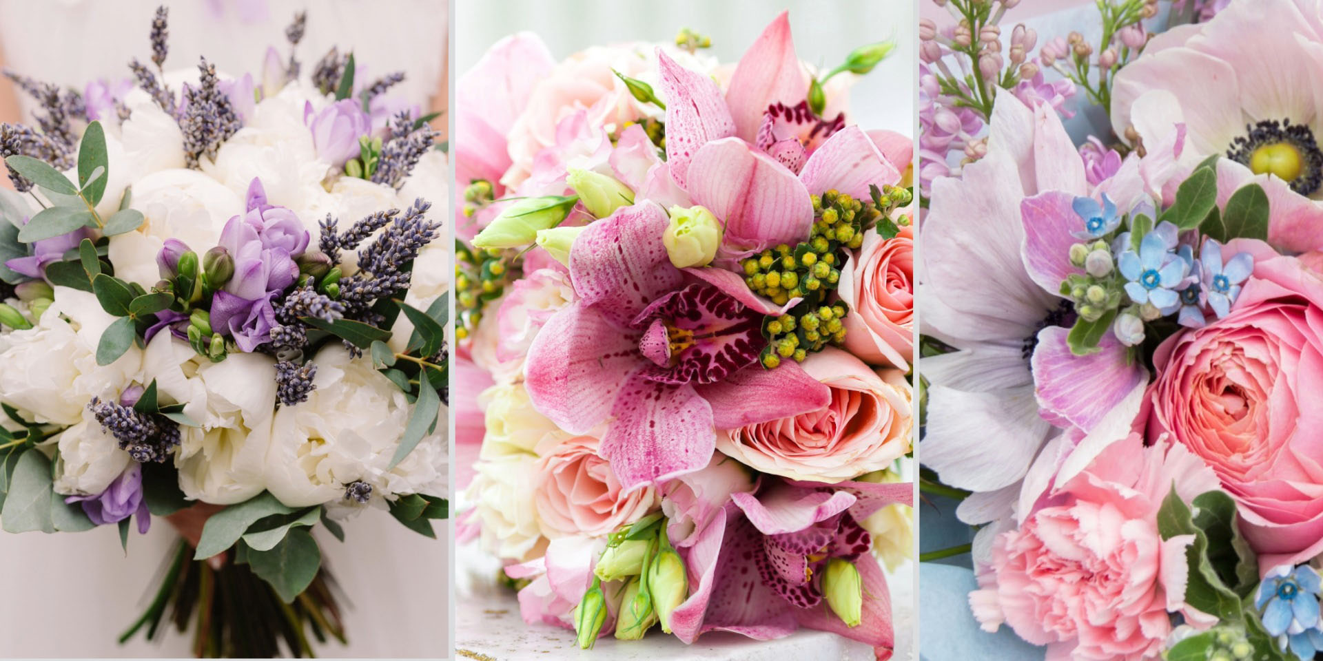 Three colorful flower bouquets arranged side by side.