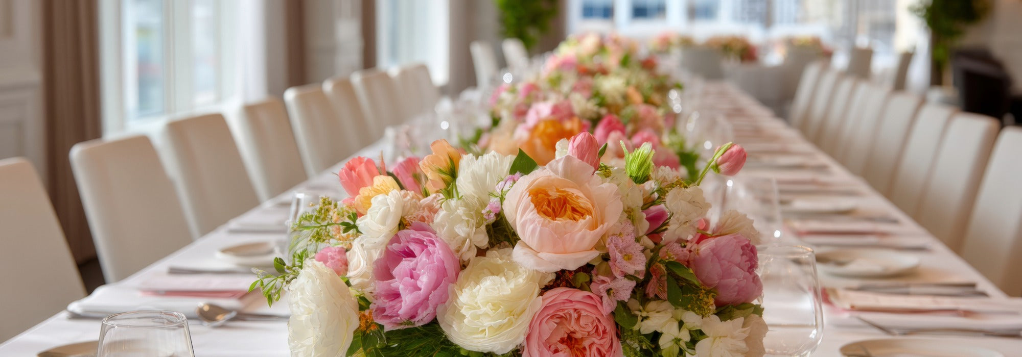 Long banquet table for corporate events featuring a floral table runner with spring flowers.