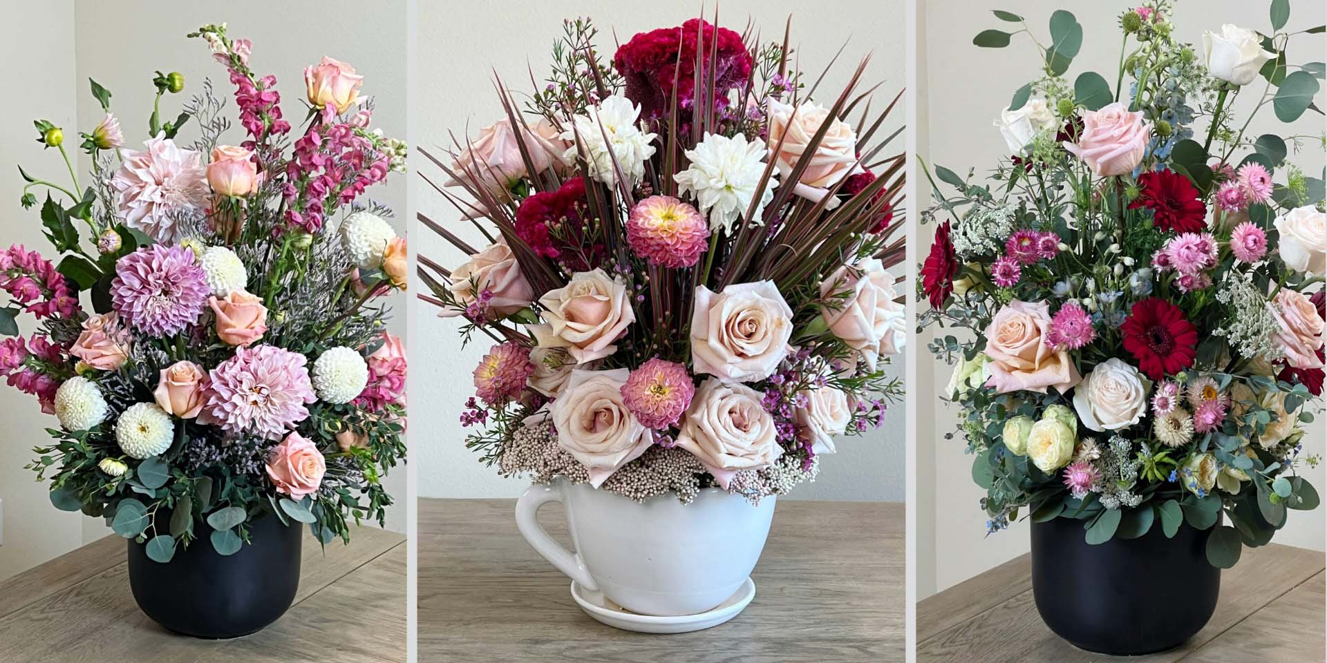 Elegant floral arrangements in soft pink, mauve, and cream tones for homes and offices in Los Angeles.