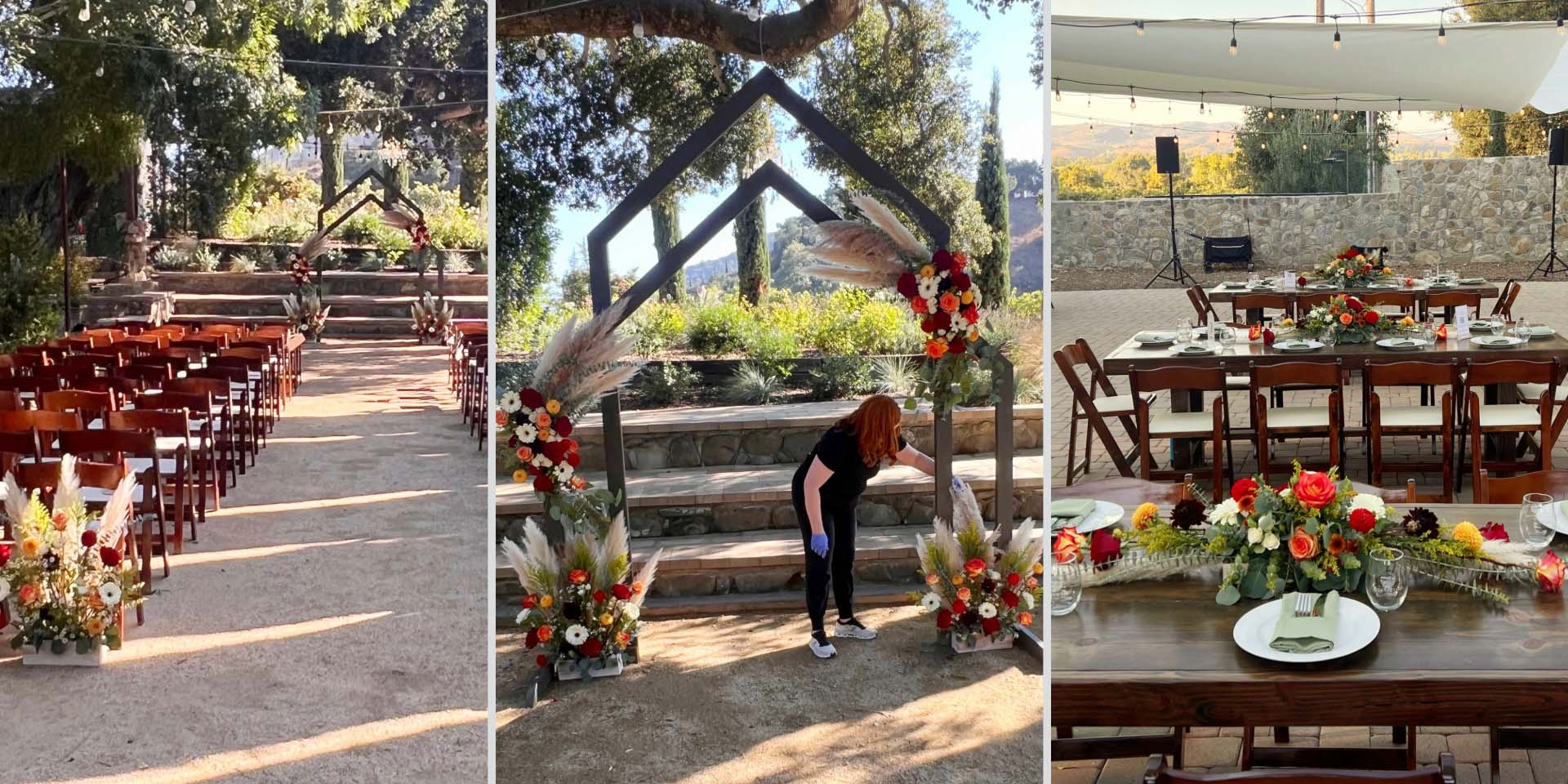 Romantic vineyard wedding florals in Santa Ynez Valley rustic vineyard wedding with arch, back- aisle florals, and reception centerpieces designed by Pearson Floral Designs.