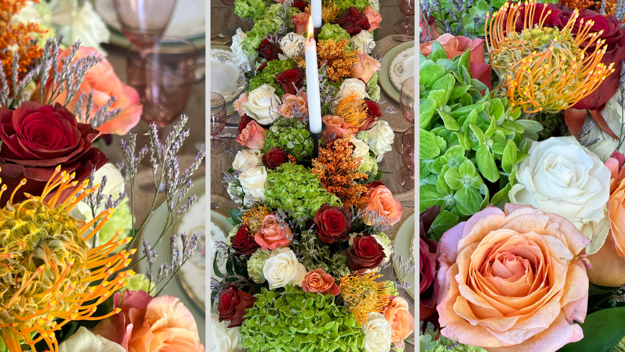 Thanksgiving centerpiece with hydrangeas, roses, orange pincushion protea, and Limonium