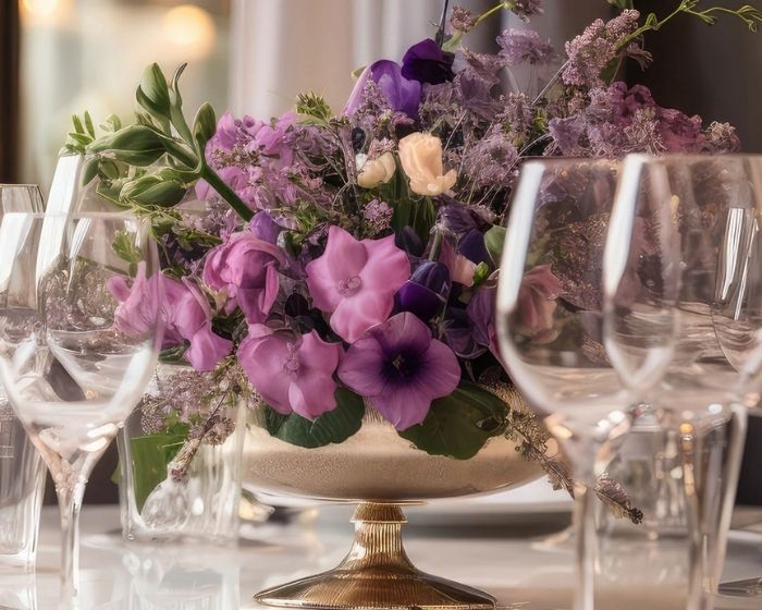 Decorative floral arrangement on a table with wine glasses