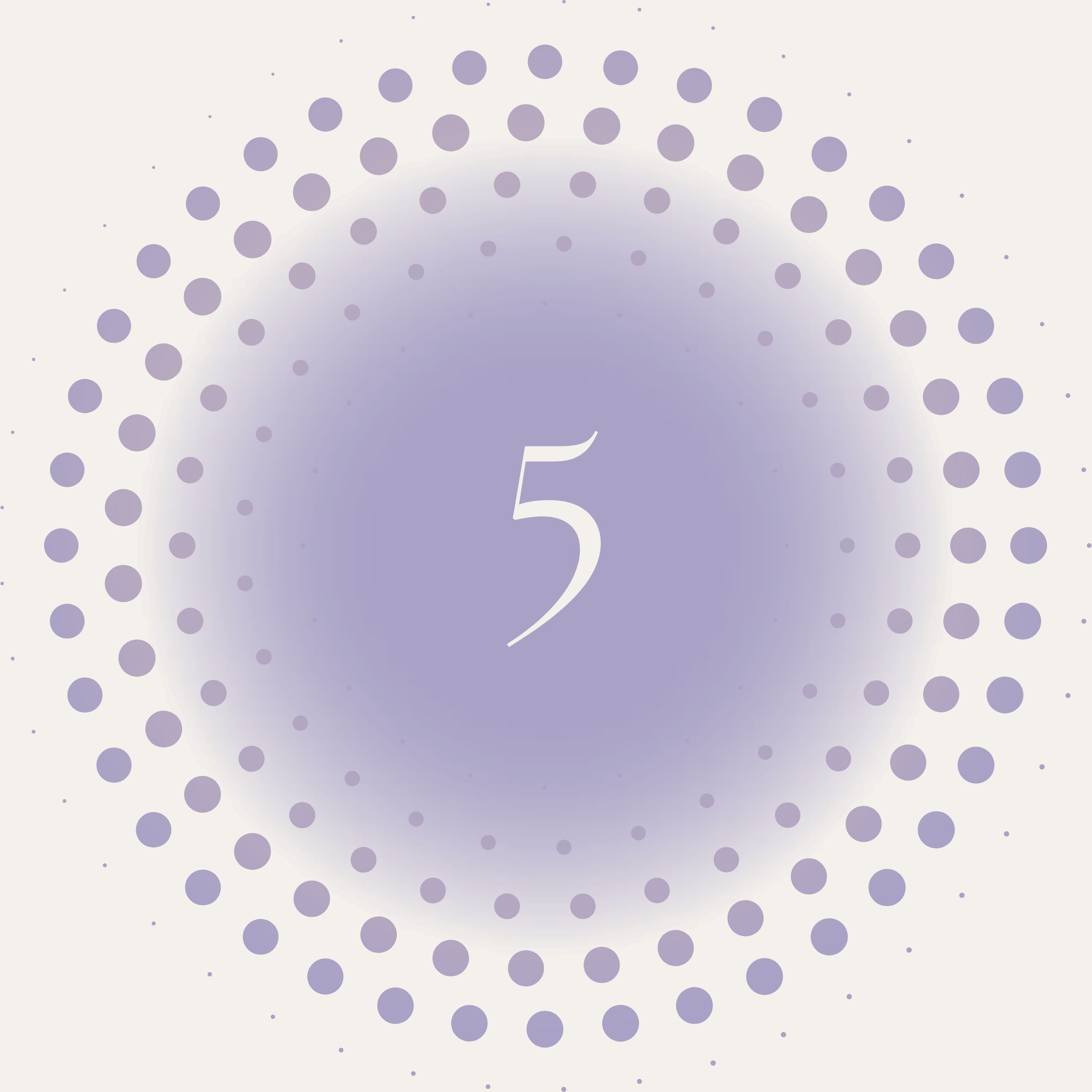 Number 5 surrounded by a circular arrangement of dots on a light purple background