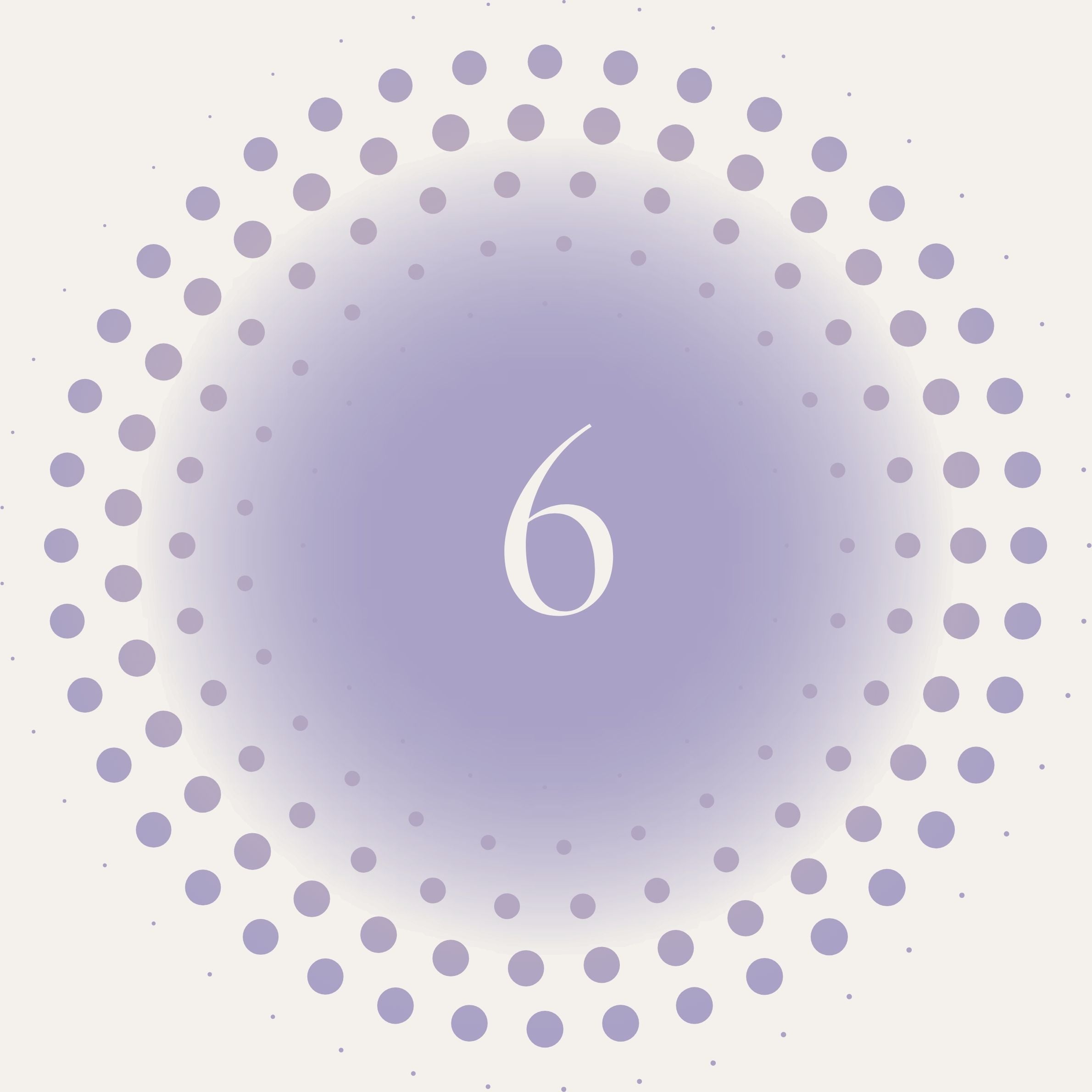 Number 6 surrounded by a circular arrangement of dots on a light purple background