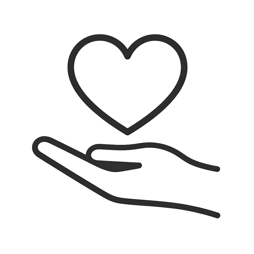 Black line drawing of a hand holding a heart on a white background