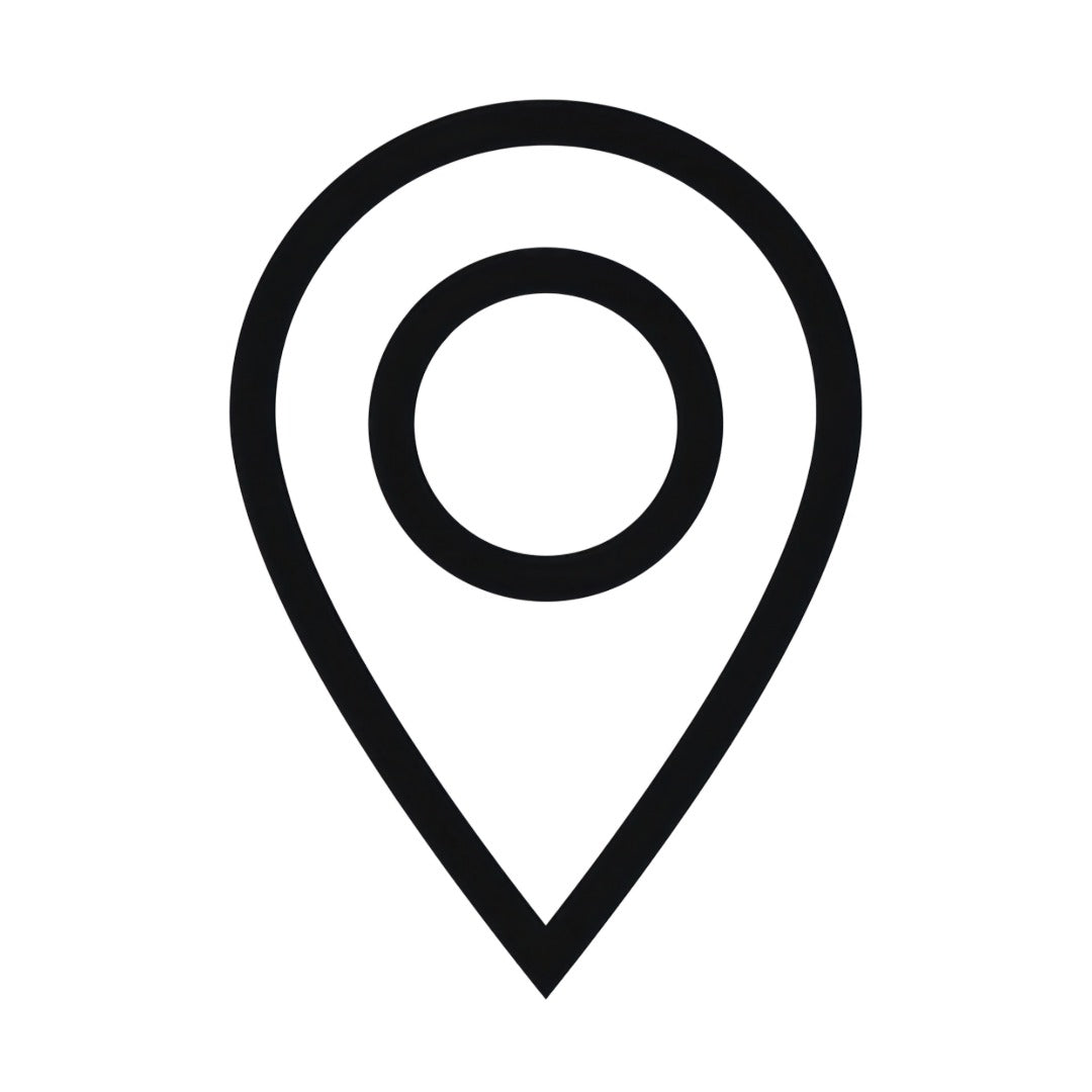 Black location icon on a white background