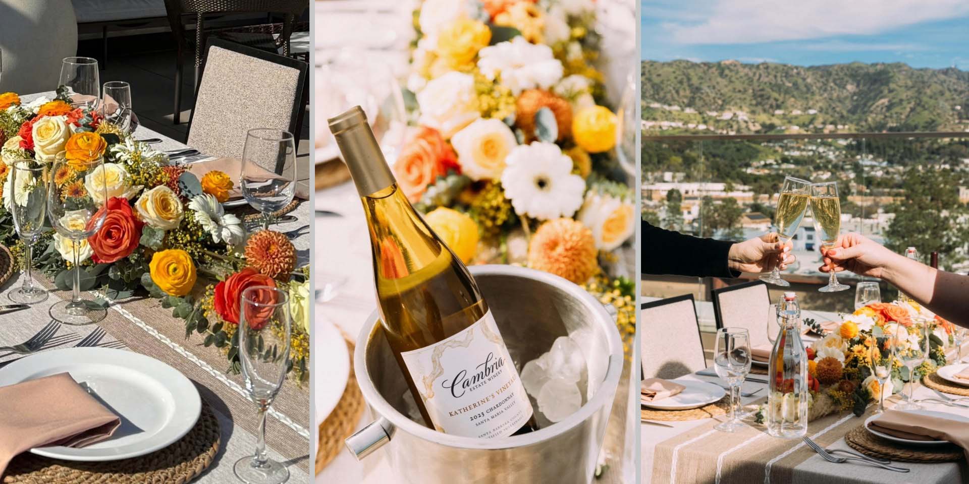 Floral tablescape at Cambria Hotel Burbank Airport featuring a warm-toned centerpiece, rooftop dining, and champagne service.