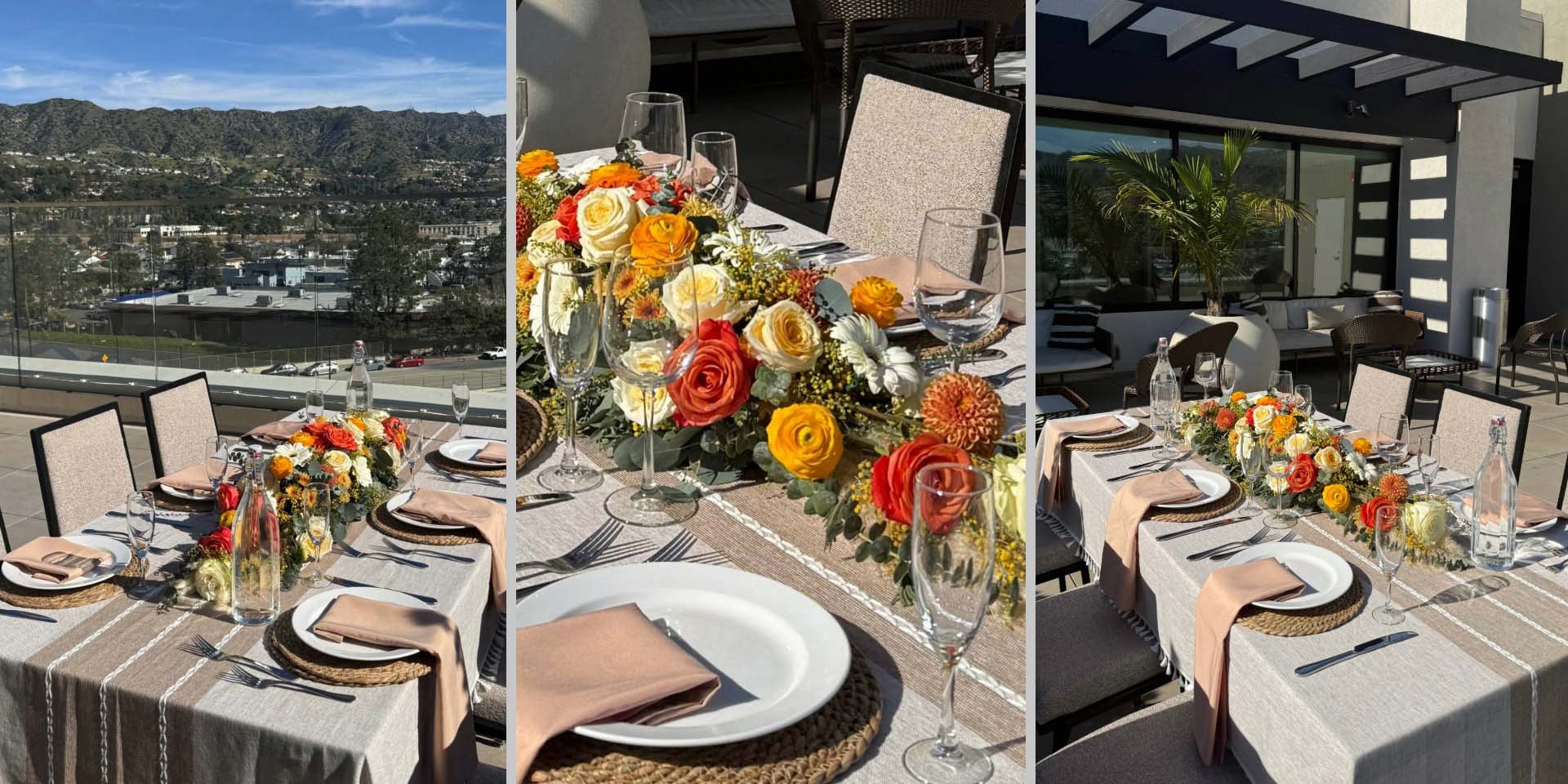 Brand-inspired floral table centerpiece designed for a rooftop photo shoot at Cambria Burbank Airport Hotel.