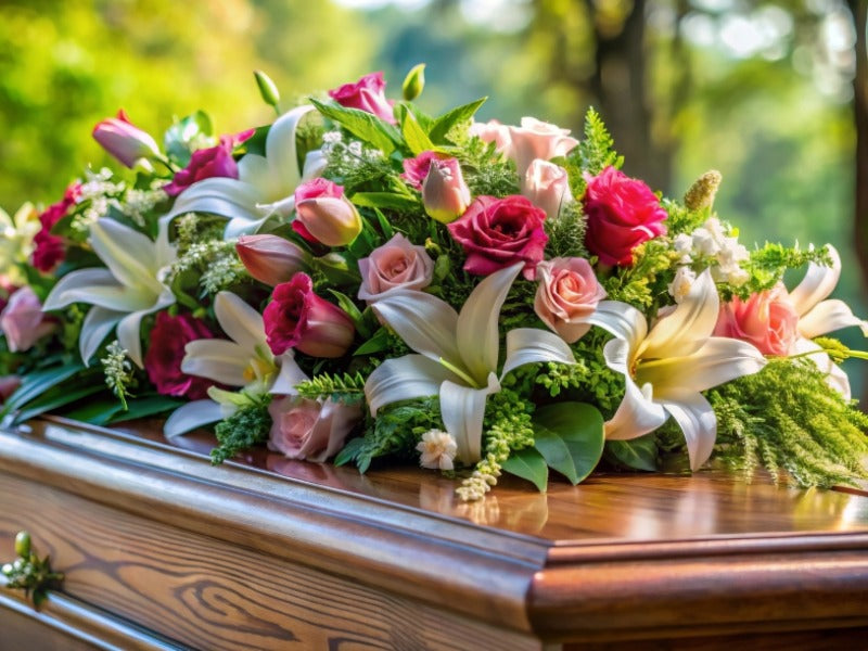Casket spray featuring lilies and roses in pink and white tones for an elegant Los Angeles celebration of life floral tribute.