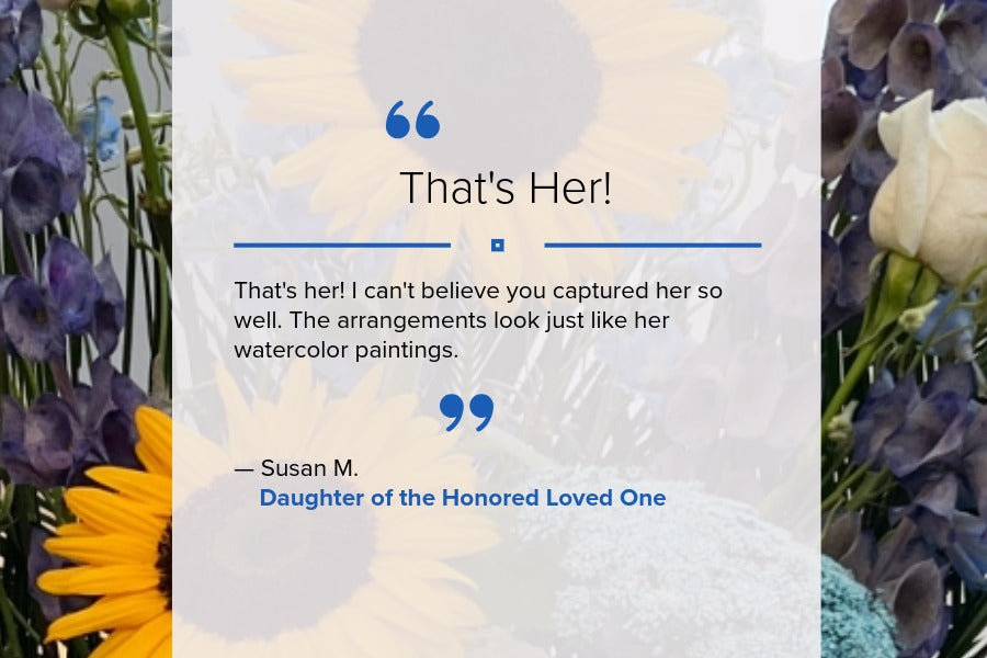 Testimonial graphic for Pearson Floral Designs featuring sunflower memorial with watercolor florals for a Los Angeles celebration of life service.
