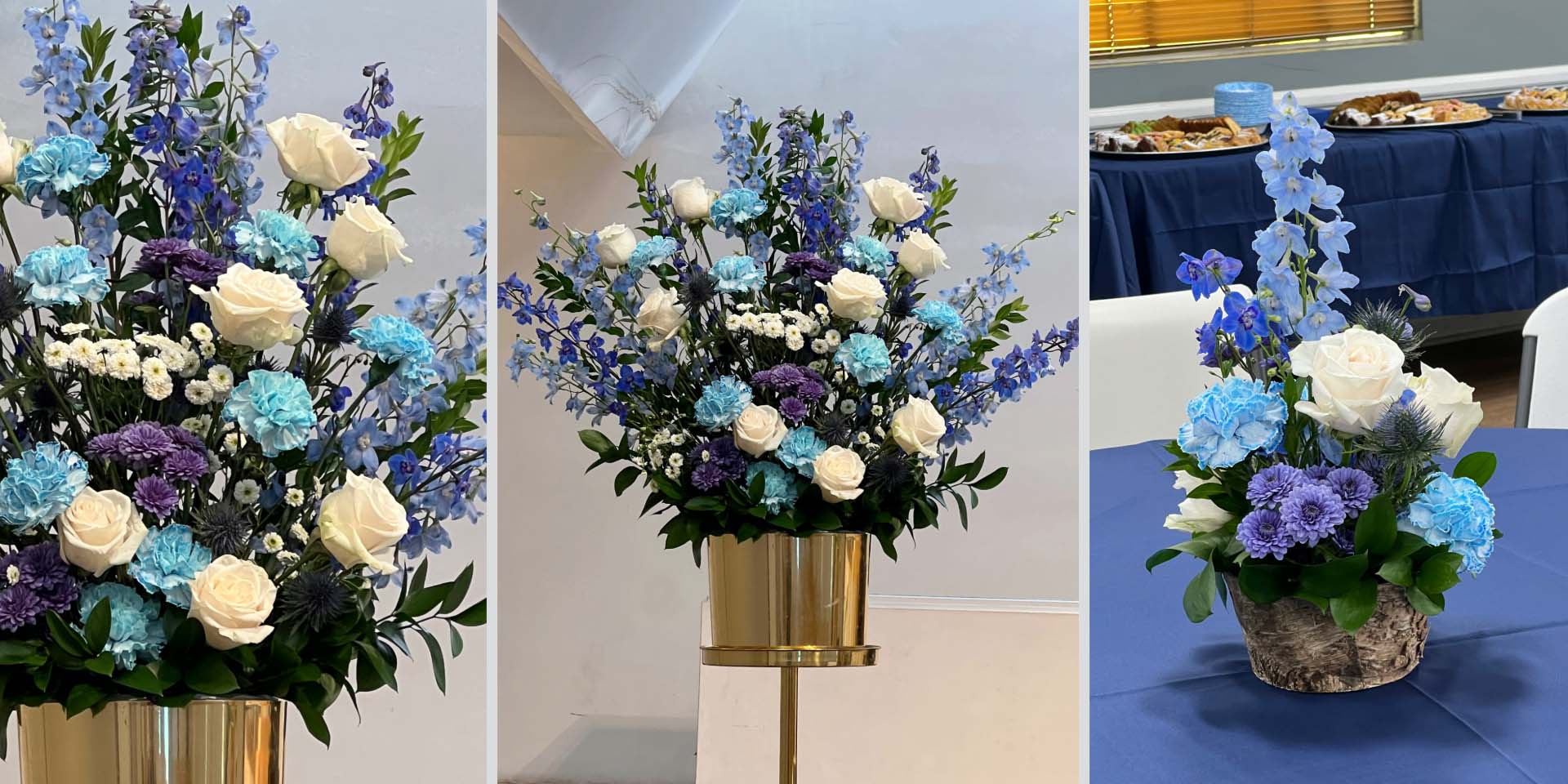 Blue and white funeral floral arrangements with delphinium, roses, and carnations by Pearson Floral Designs in Los Angeles.