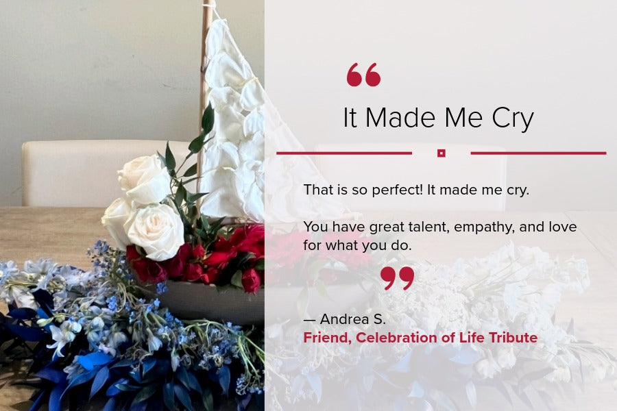 Testimonial graphic for Pearson Floral Designs featuring elegant sailboat memorial florals for a Los Angeles celebration of life gathering.