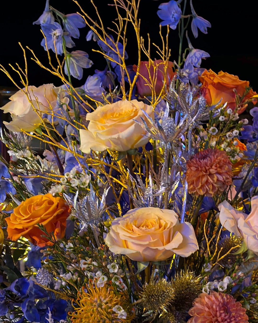Closeup of event floral for a corporate holiday party at the Avalon Hollywood.