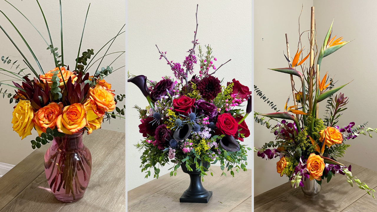 Three custom floral arrangements for home or office: birds of paradise, dark and moody, and fun with lily grass