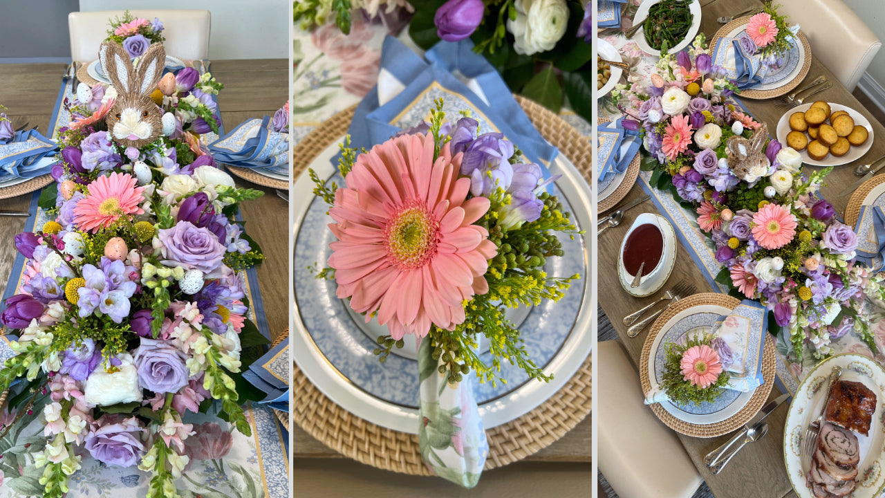 Easter tabletop florals featuring a spring centerpiece and floral napkin rings with Gerber daisies, ranunculus, and tulips