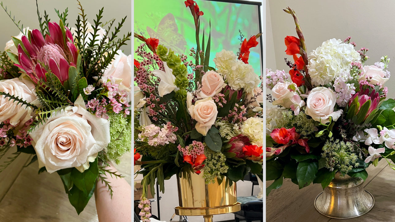 Wedding ceremony florals including a statement altar piece, check-in table arrangement, and bridal bouquet featuring protea