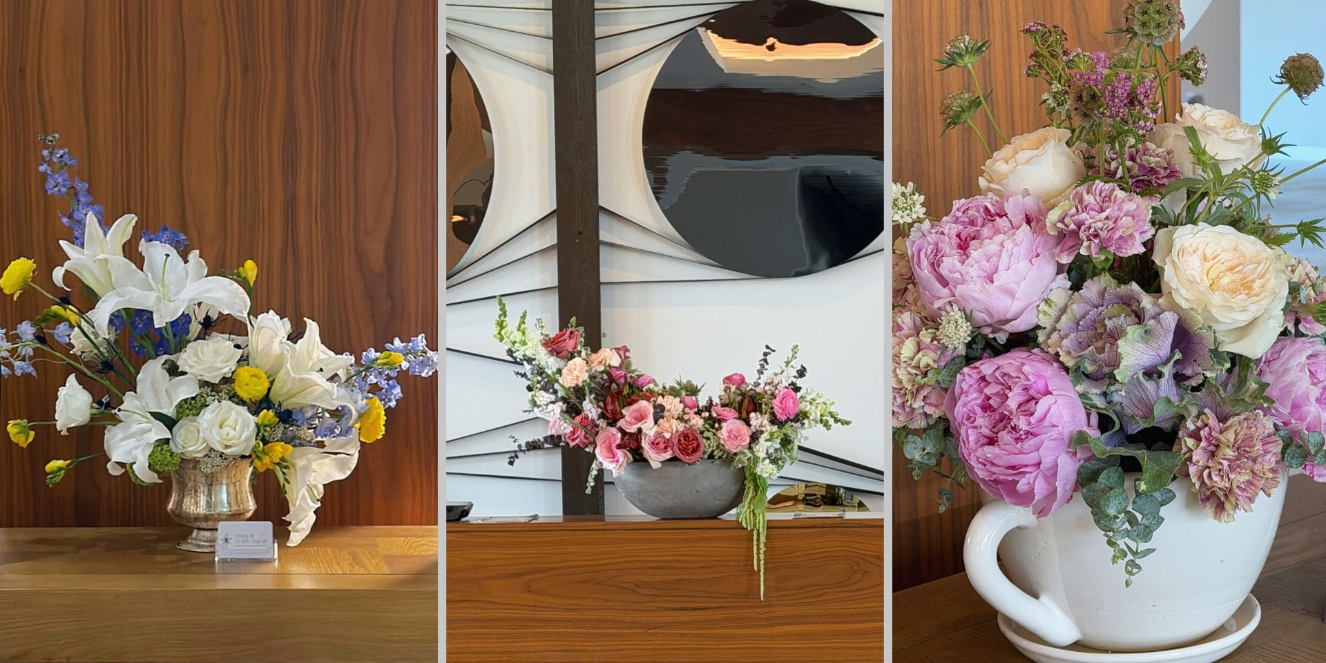 Subscription arrangements designed for boutique hotels and luxury hospitality spaces by Pearson Floral Designs.