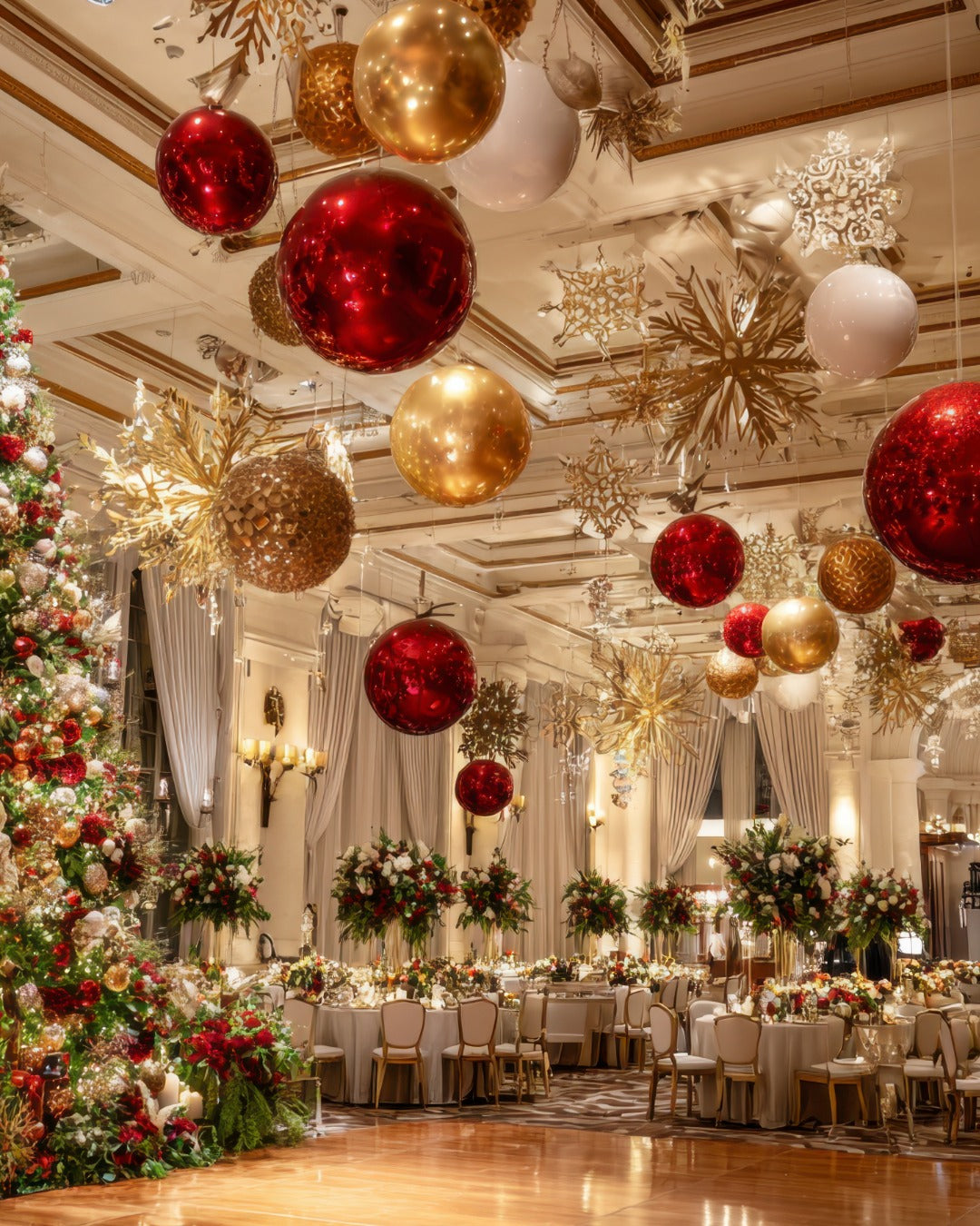 Ballroom with oversized red and gold ornaments suspended above holiday centerpieces.