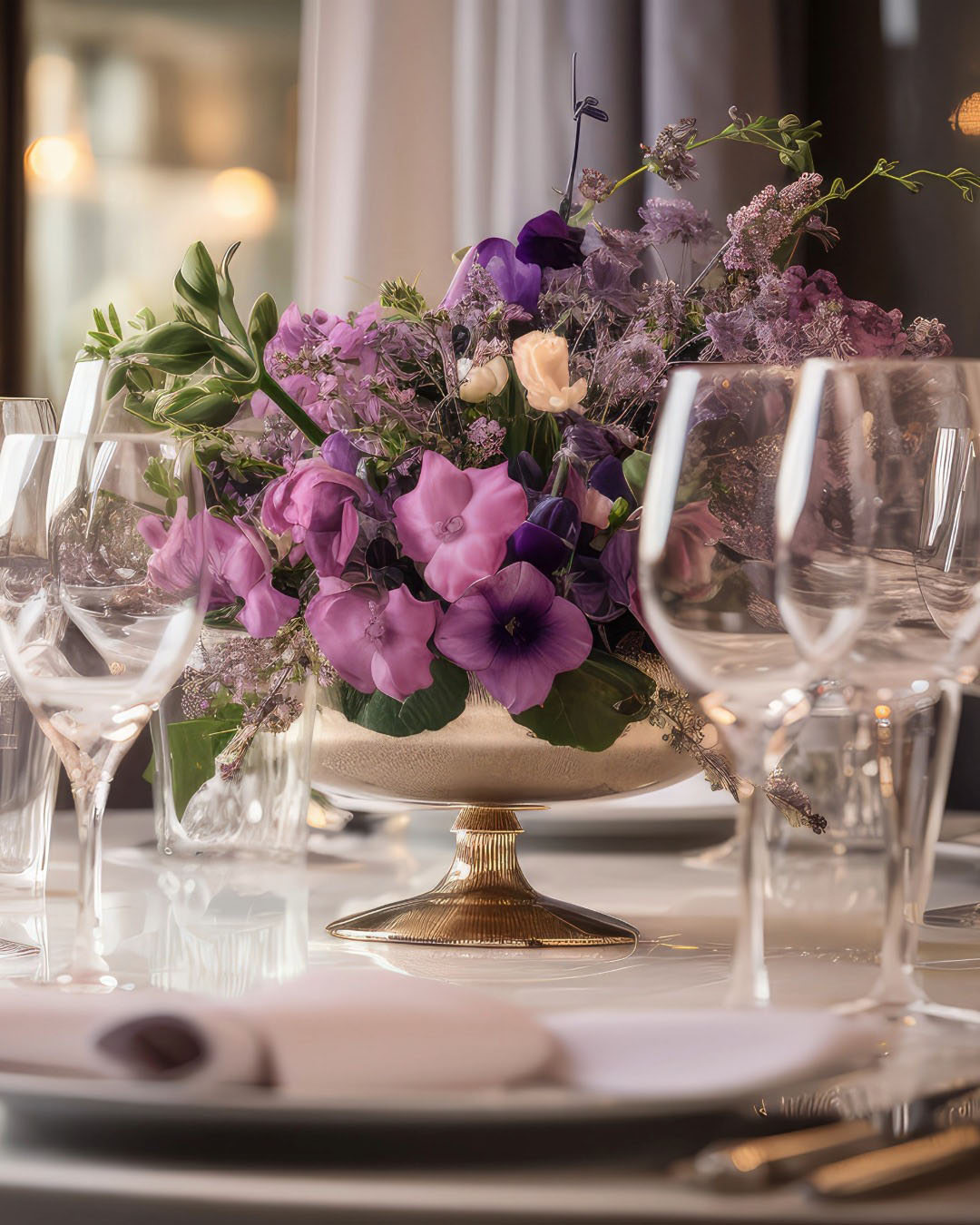 Elegant floral centerpiece styled for a restaurant or hotel dining table with refined color, texture, and scale.