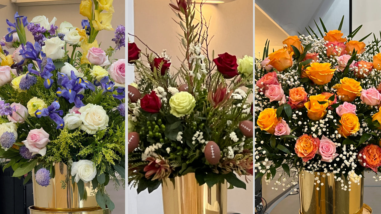 Three floral arrangements with the following themes: full with irises, Sunday football, and classic baby's breath and roses