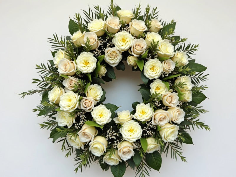 Ivory rose funeral wreath with lush greenery, symbolizing peace and remembrance, designed by funeral florist.