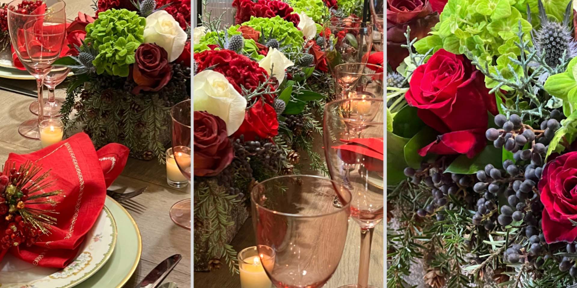 Festive floral table arrangement for holiday event by Pearson Floral Designs in Los Angeles.