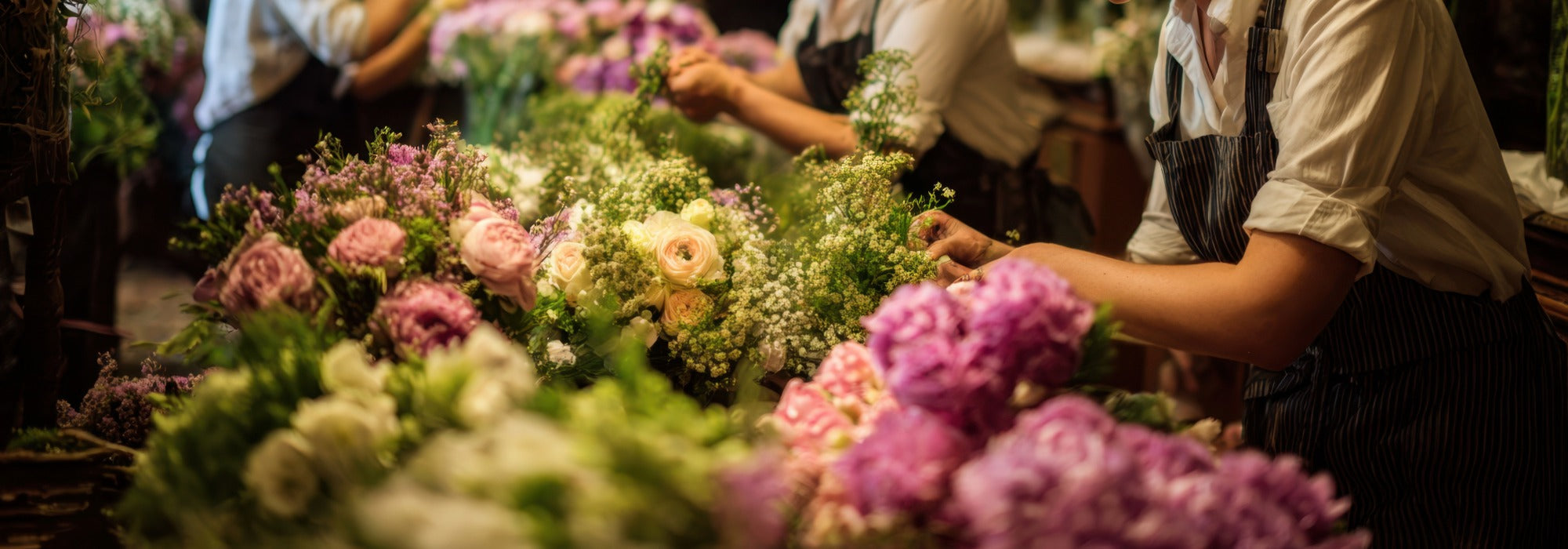Floral designers preparing luxury event arrangements for a Los Angeles hospitality and corporate event installation.
