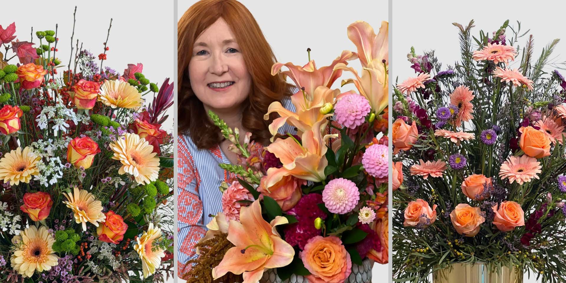 Three floral arrangements by designer Janice Pearson showcasing an autumn peach palette for Los Angeles delivery.