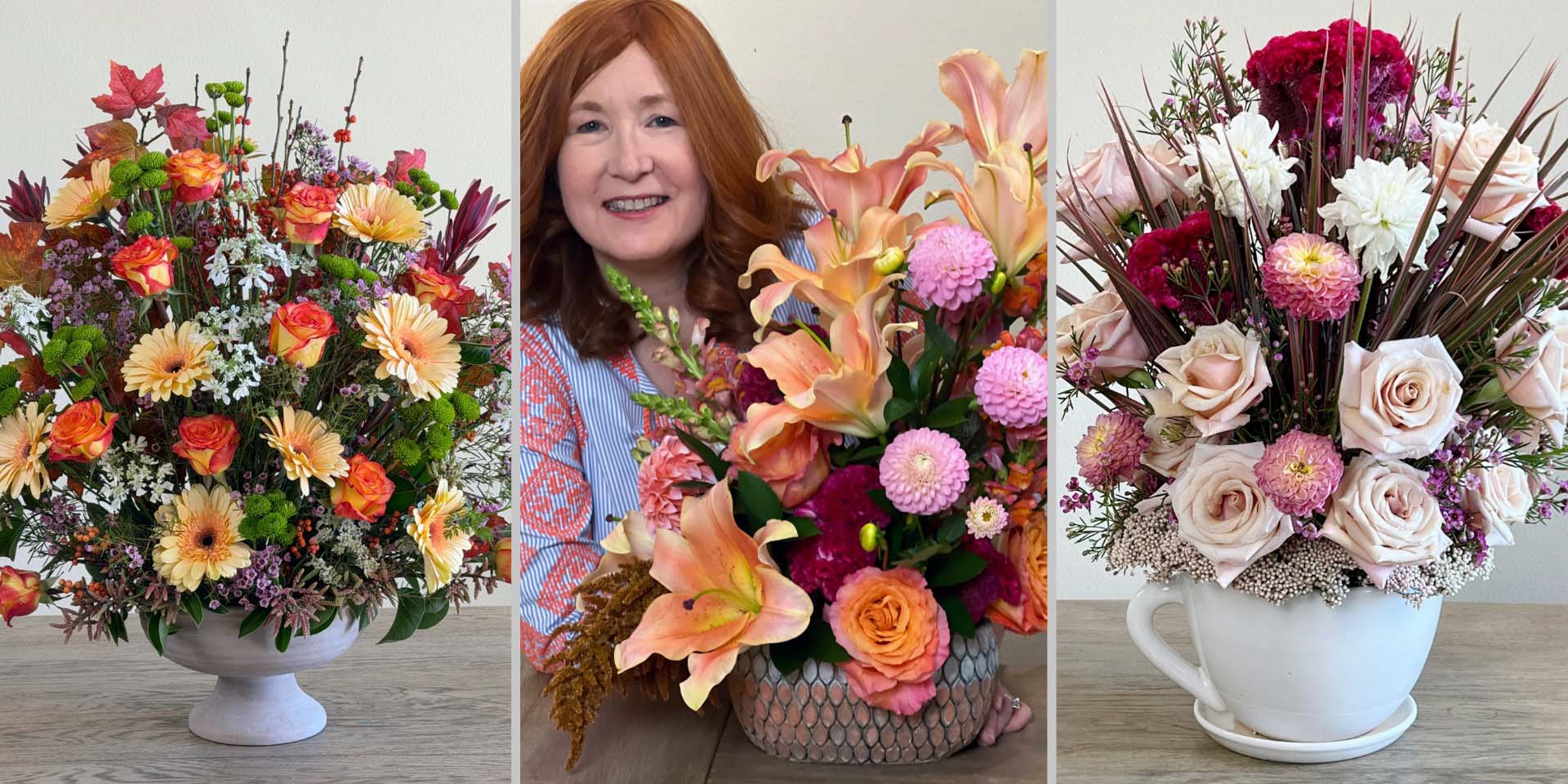 Designer-created flower arrangements in peach, blush, and vibrant autumn tones by Pearson Floral Designs in LA.