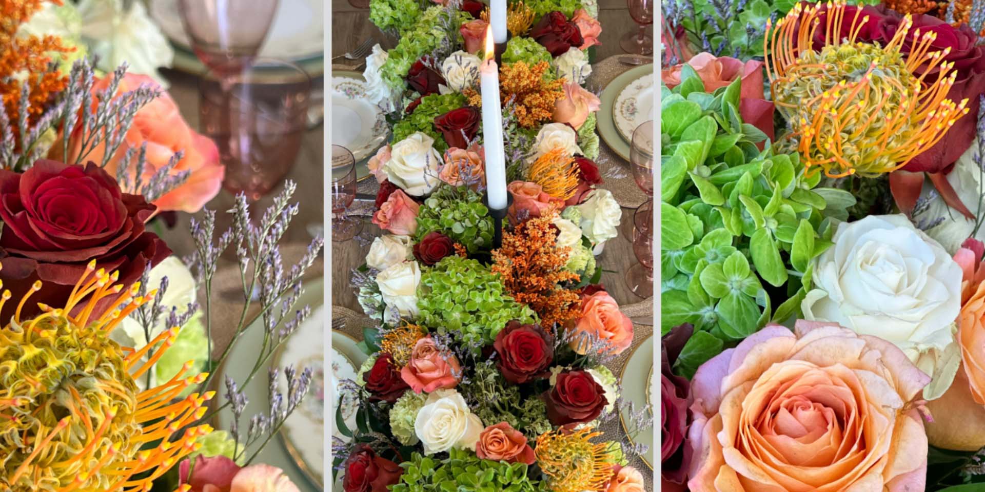Elegant Thanksgiving floral tablescape with roses, hydrangeas, and candles by Pearson Floral Designs in Los Angeles.