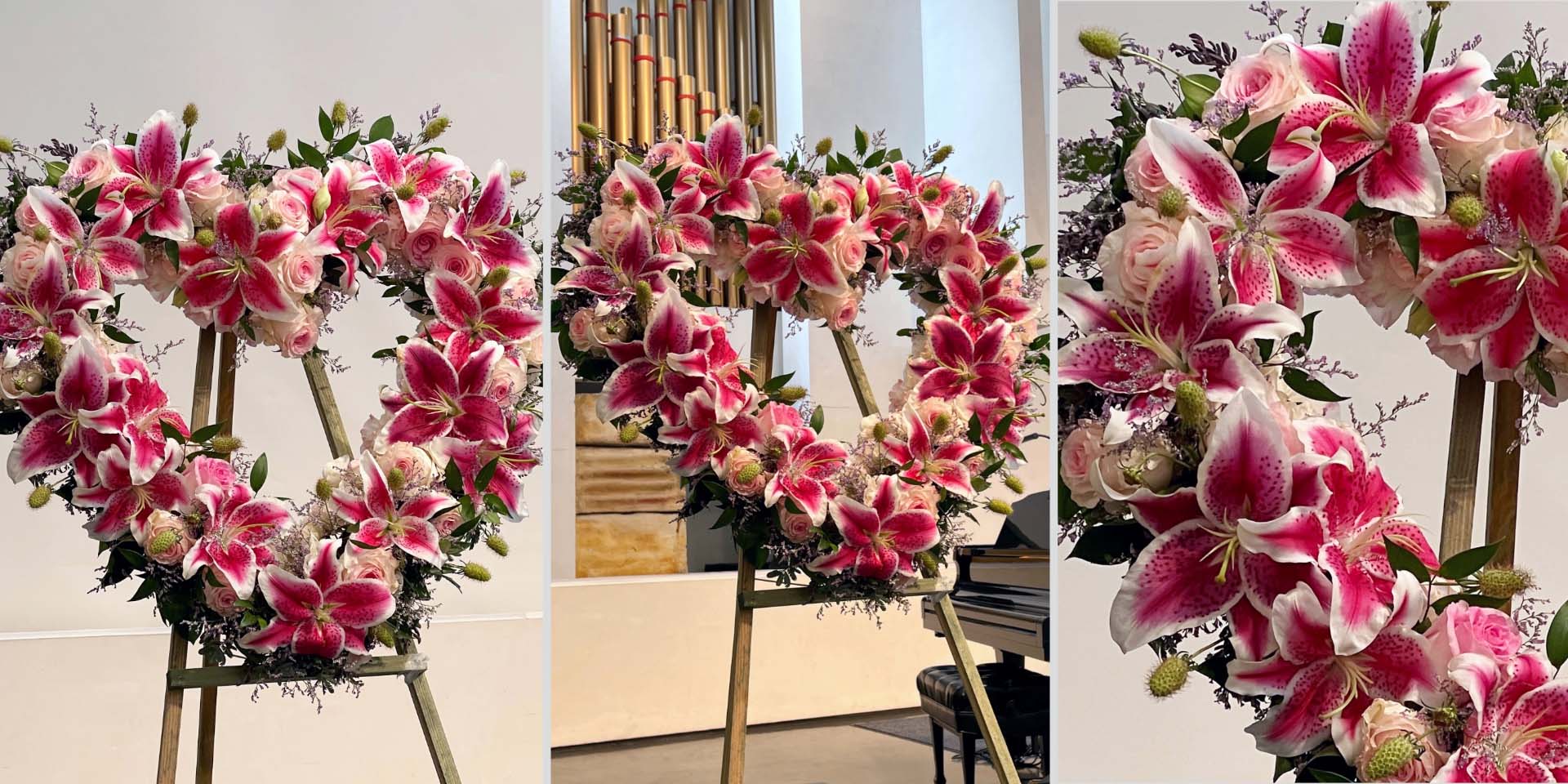 Open heart wreath of pink Stargazer lilies and roses created for a celebration of life by Pearson Floral Designs, Los Angeles.