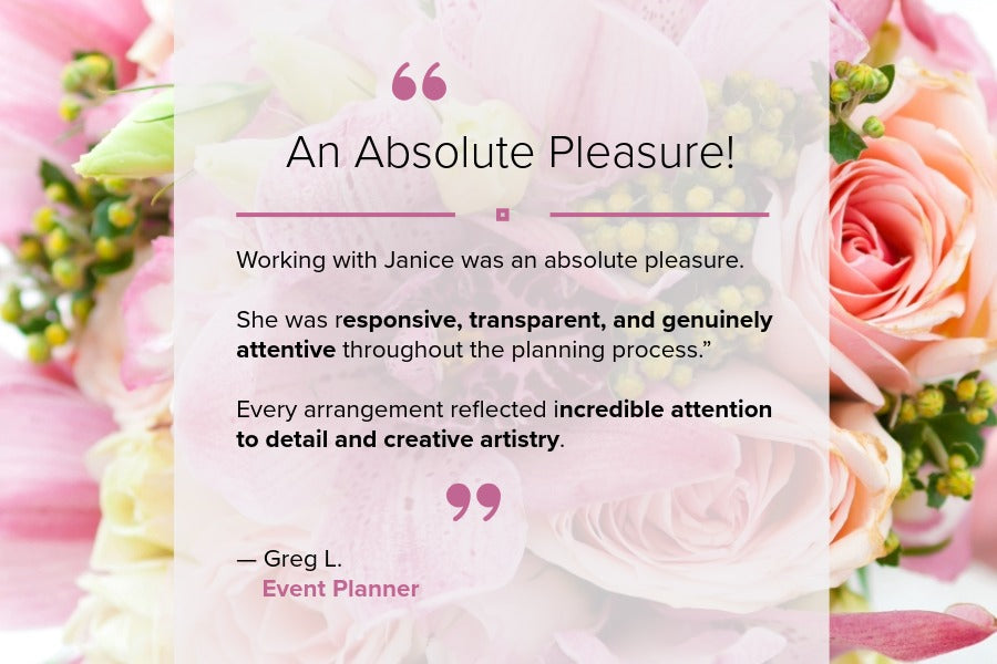 Wedding event planner testimonial describing Pearson Floral Designs as responsive, attentive, and artistically detailed.