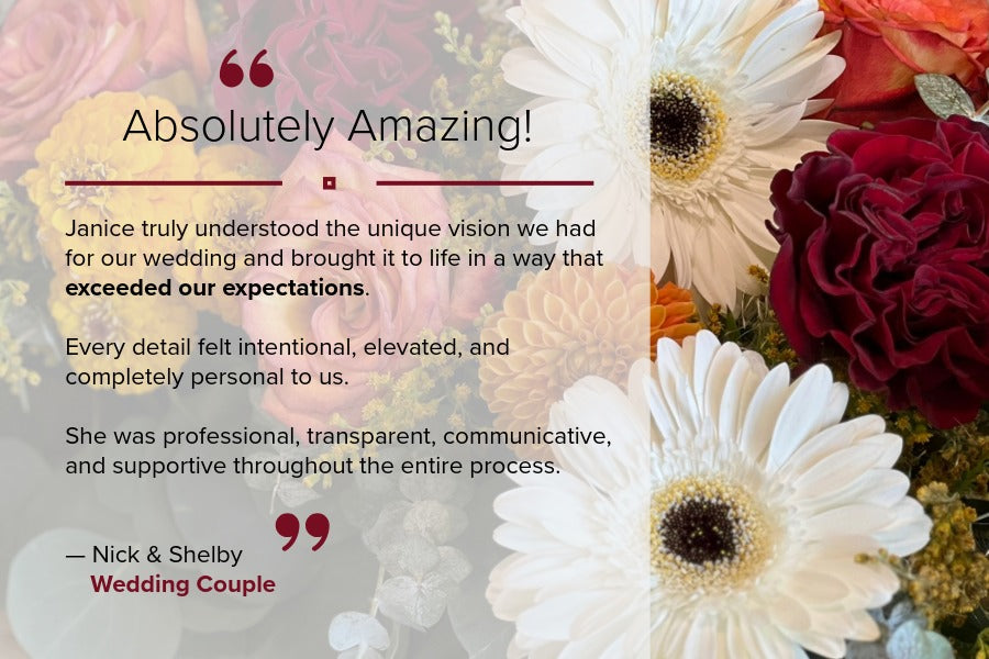 Wedding testimonial praising Pearson Floral Designs for personalized florals for their Santa Ynez vineyard wedding.