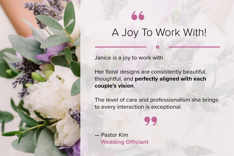 Wedding officiant testimonial praising Pearson Floral Designs for floral designs aligned with each couple’s wedding vision.