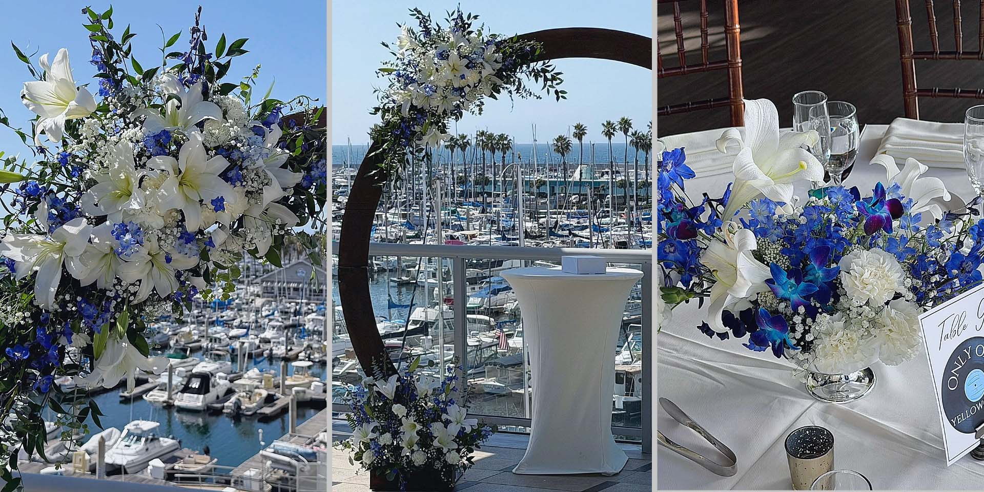 Redondo beach marina wedding featuring white lilies, carnations, and baby's breath and blue delphinium and orchids.